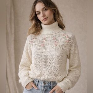 Vintage PARIS III Cream Floral Embroidered Turtleneck Sweater Cottagecore L